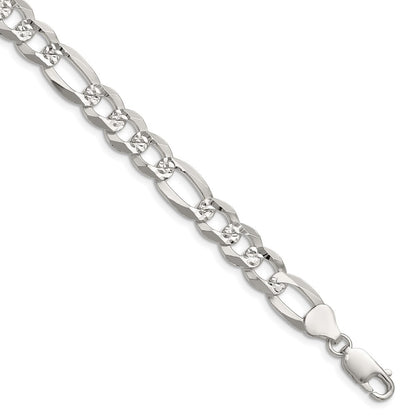 Sterling Silver 8.5mm Flat Diamond-Cut Pave Figaro Chain Bracelet