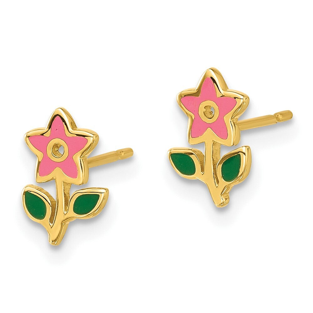 14k Yellow Gold Polished Enameled Flower Stud Earrings Gift for Women