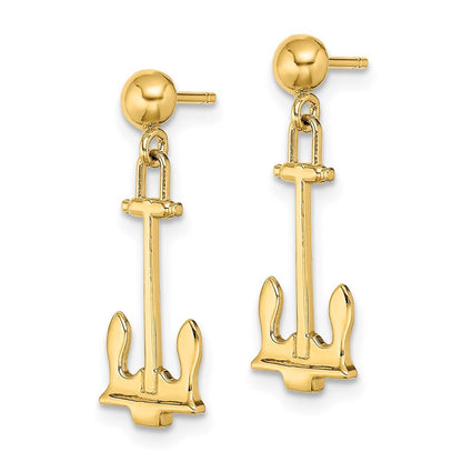 14k Yellow Gold Polished Navy Anchor Dangle Earrings Gift for Women