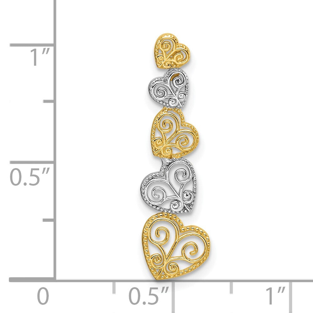 14k Two-tone Gold Polished Filigree Vertical Hearts Chain Slide Pendant