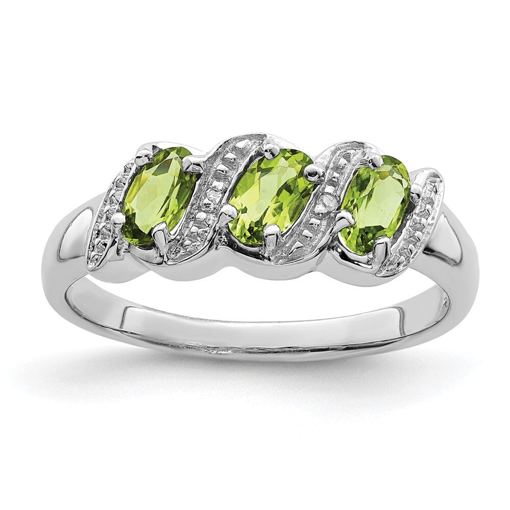 Sterling Silver Rhodium 3 Stone Peridot & Diamond Ring Size 6