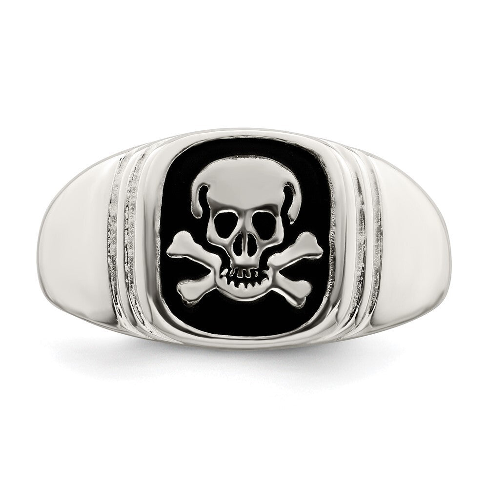 Sterling Silver Black Enameled Mens Skull and Crossbones Ring Size 11