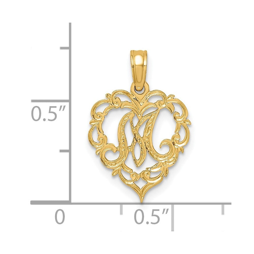 14k Yellow Gold Heart Script Letter M Initial Charm