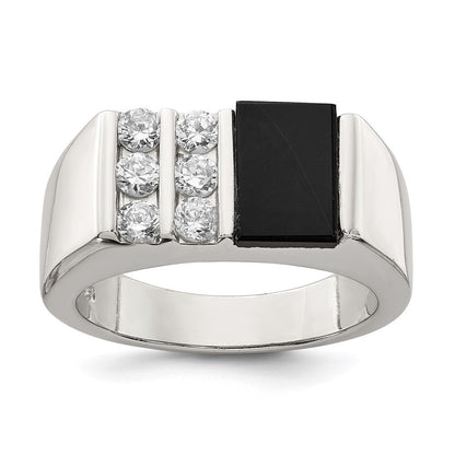Sterling Silver Rhodium-plated Men's Cubic Zirconia and Onyx Ring Size 10