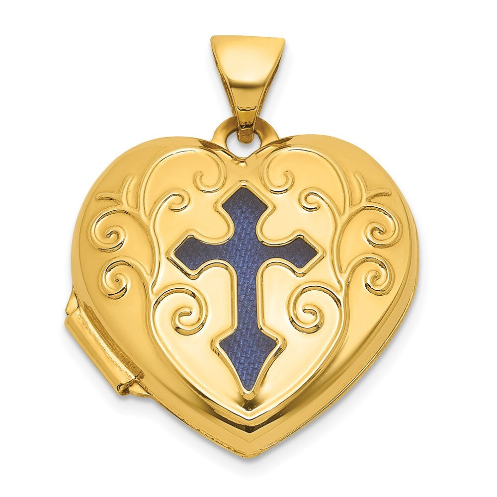 14k Yellow Gold Polished Blue Fabric Open Cross 18mm Heart Locket for Women