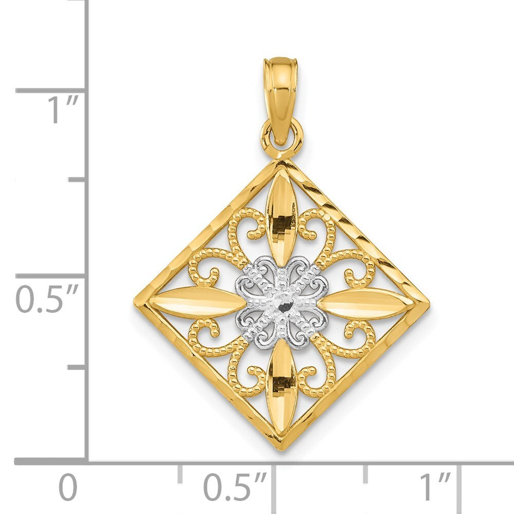 14k Yellow Gold Rhodium Flower and Cross Square Charm Pendant for Women