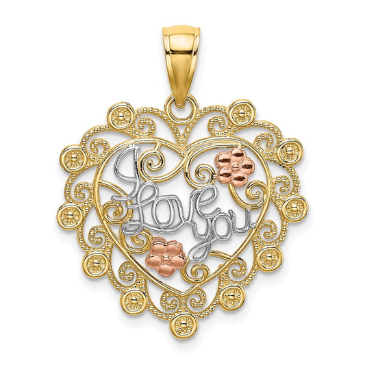14k Two-tone Gold White Rhodium I LOVE YOU Filigree Heart Flower Charm Pendant