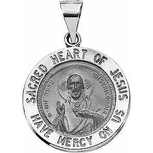 14k White Gold 18 mm Round Hollow Sacred Heart of Jesus Medal Pendant