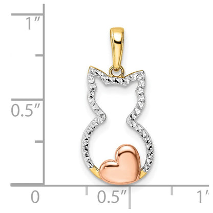 14k Yellow Gold w White and Rose Rhodium Diamond-cut Cat w Heart Pendant