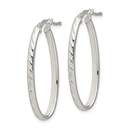 Sterling Silver Rhod-plated Textured 3mm Hollow Oval Hoop Earrings