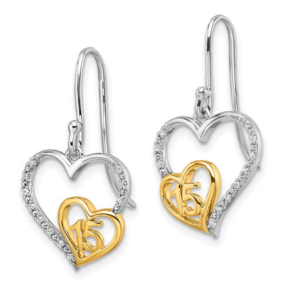 14K Two-Tone Gold Polished Diamond Quinceanera Heart Dangle Earrings