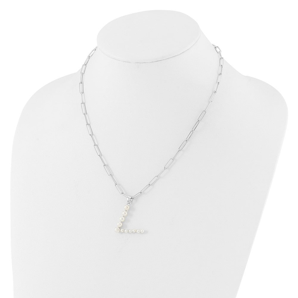 Sterling Silver 3-5.5mm White Button Cultured Pearl LETTER V Necklace 18"