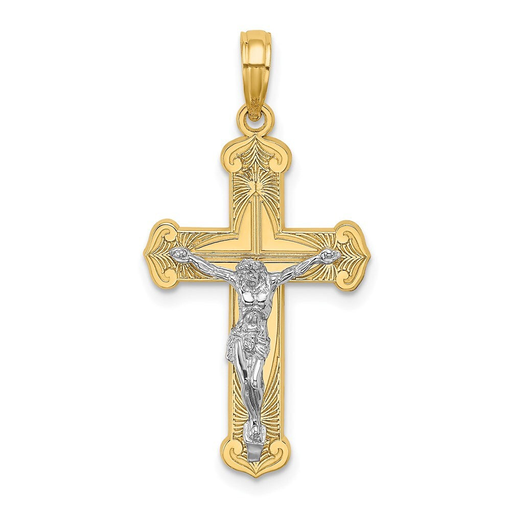 14k Two-tone Gold Engraved Crucifix Charm Pendant for Women