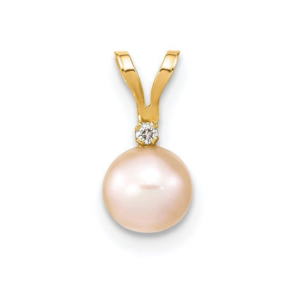 14k Yellow Gold 5-6mm Pink Round Freshwater Cultured Pearl & Diamond Pendant