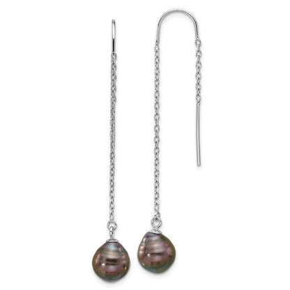 Sterling Silver 9-10mm Black Tahitian Saltwater Cultured Pearl Threader Earrings