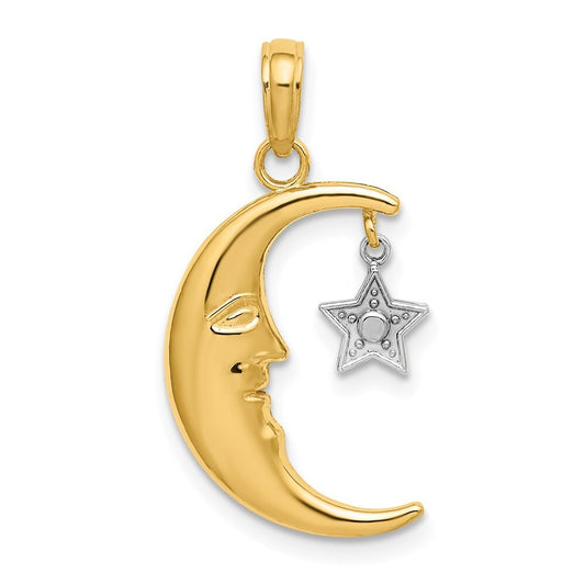 14k Two-tone Gold Half Moon Star Moveable Charm Pendant for Women