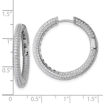 Sterling Silver In and Out CZ Pave 3.1 x 29mm Hinged Hoop Earrings
