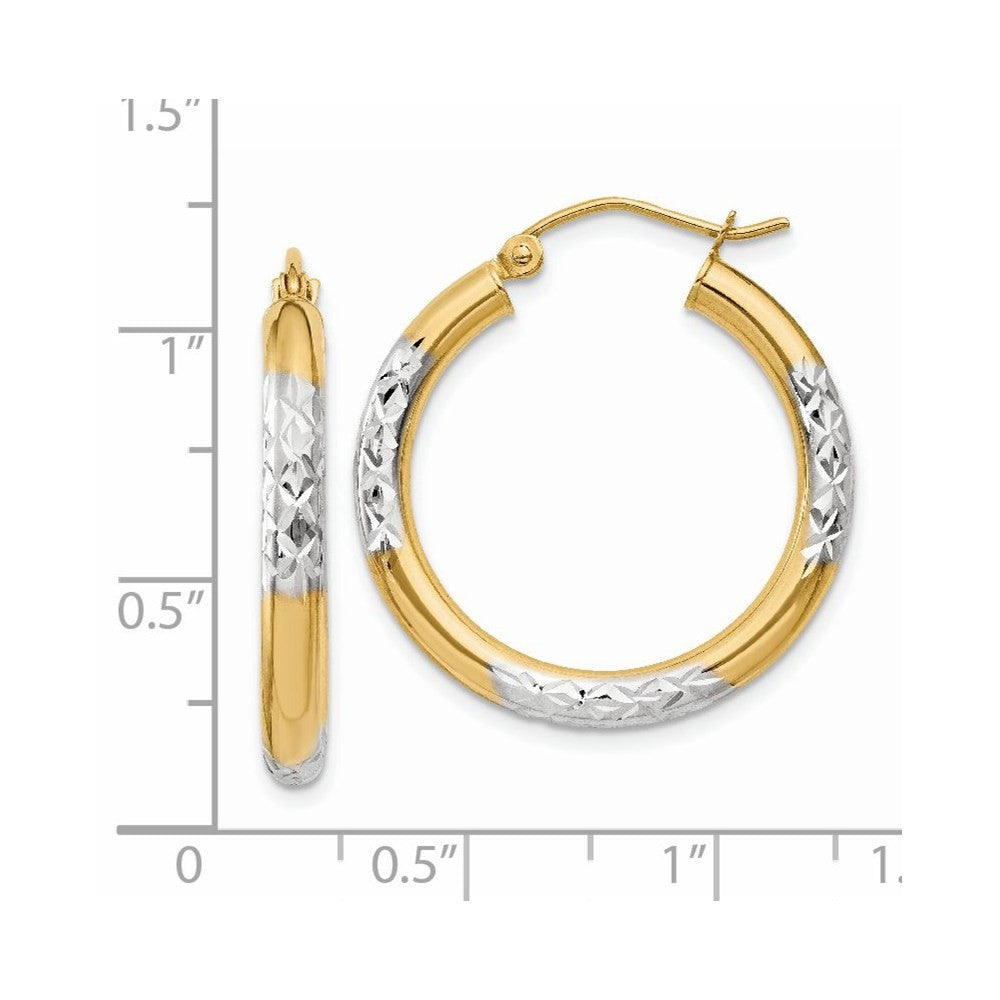 14k Yellow Gold and Rhodium Diamond-cut 3x25mm Hoop Earrings