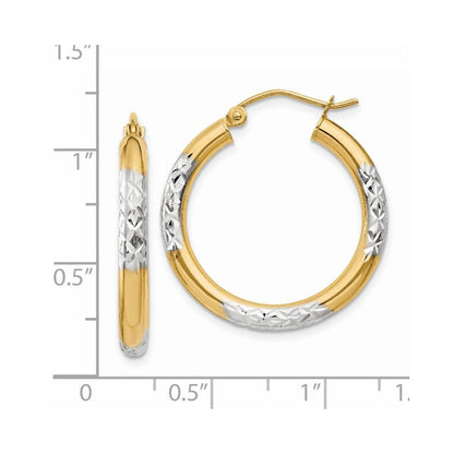 14k Yellow Gold and Rhodium Diamond-cut 3x25mm Hoop Earrings