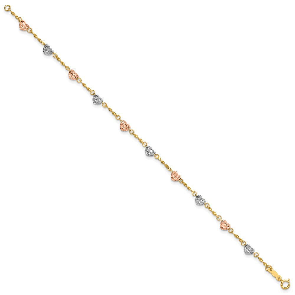 14k Tri-color Diamond-cut Puffed Heart 8 inch Bracelet