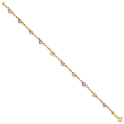 14k Tri-color Diamond-cut Puffed Heart 8 inch Bracelet