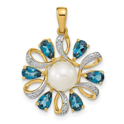 14k Yellow Gold Diamond and 6-7mm Button FWC Pearl/London Blue Topaz Pendant