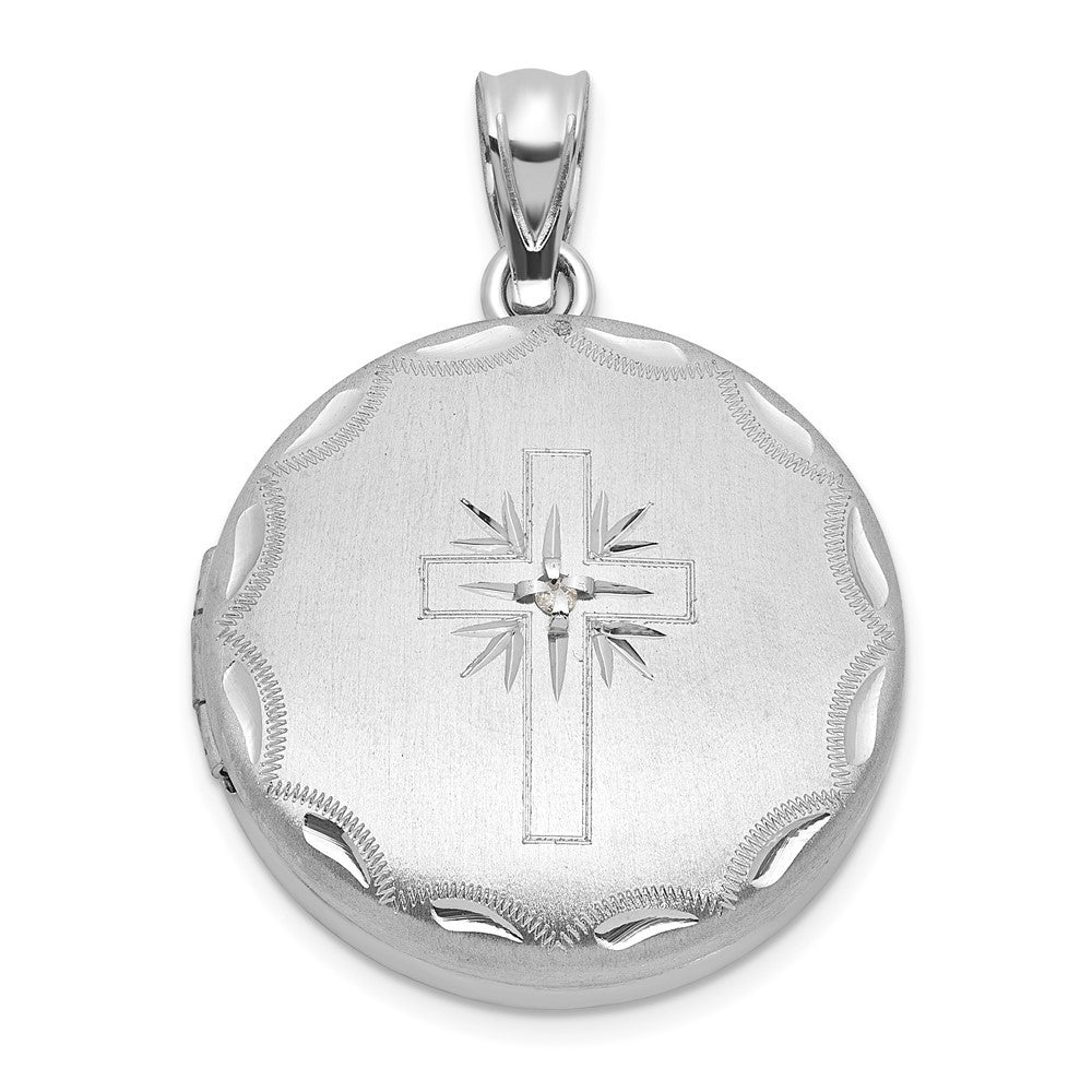Sterling Silver Brushed Diamond-cut 1/20 Ct Diamond Cross 20mm Round Locket