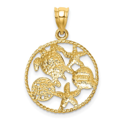 14k Yellow Gold White Rhodium Polished Sealife Pendant for Women