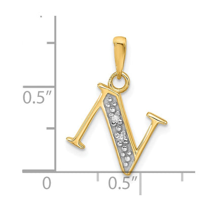 14k Yellow Gold with Rhodium Diamond Letter N Initial Pendant for Women
