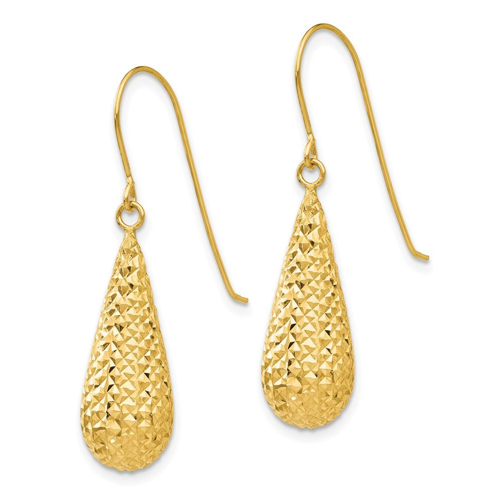 14k Yellow Gold Diamond Cut Puff Tear Drop Dangle Earrings
