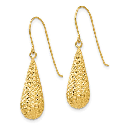 14k Yellow Gold Diamond Cut Puff Tear Drop Dangle Earrings