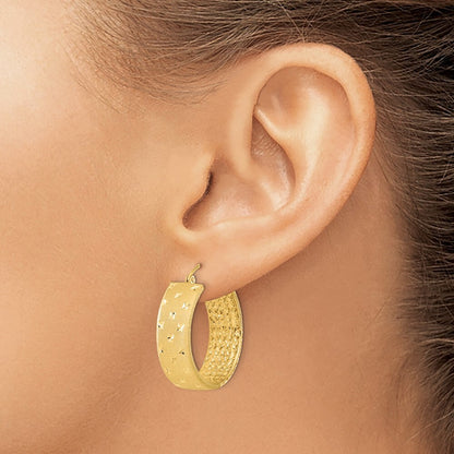 14k Yellow Gold Polished Satin and Diamond-cut Hoop Earrings