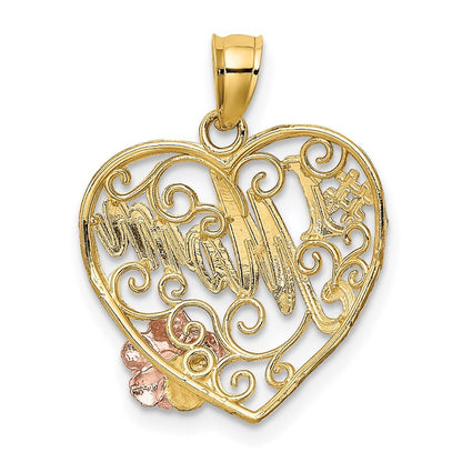 14k Two-tone Gold White Rhodium #1 MOM Heart Charm Pendant for Women