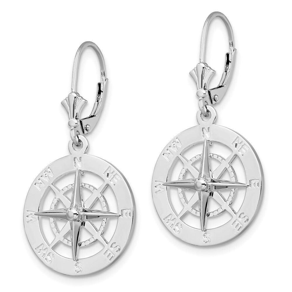 Sterling Silver Rhodium-Plated Polished Compass Leverback Earrings
