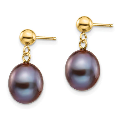 14k Yellow Gold 8-9mm Black Rice Freshwater Cultured Pearl Dangle Earrings