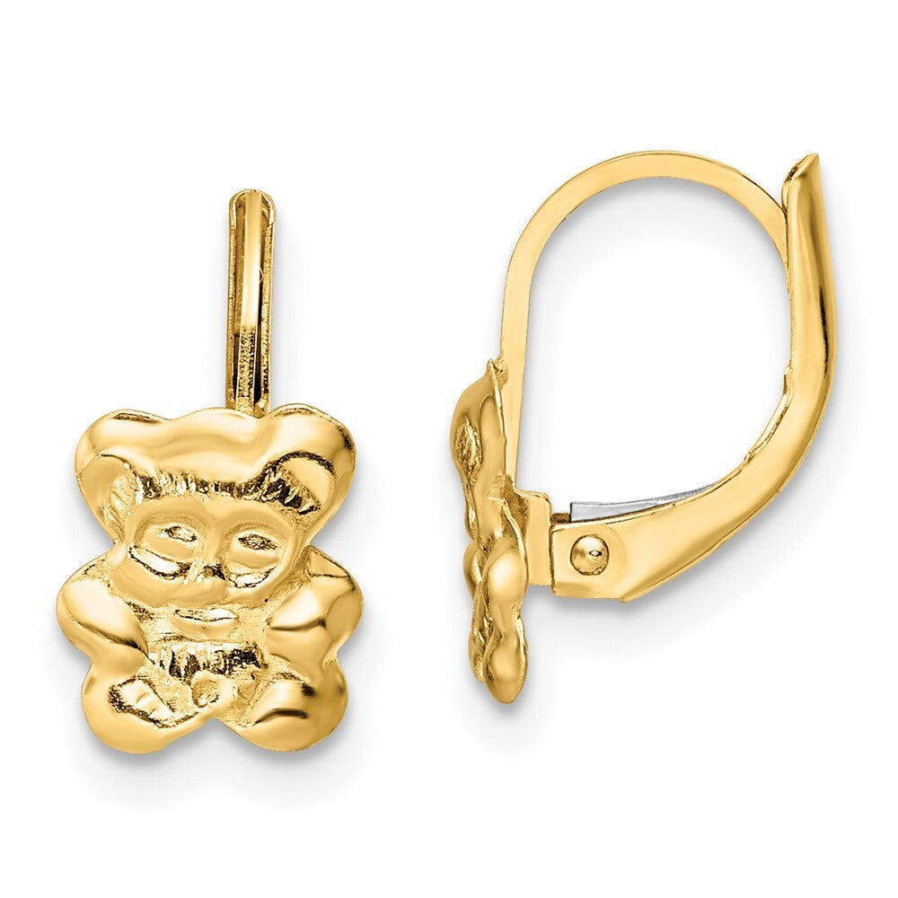 14k Yellow Gold Polished Teddy Bear Dangle Earrings Leverback Gift for Women