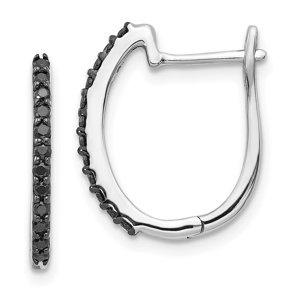14k White Gold Black Diamond 1.3mm Hinged Hoop Earrings Gift for Women