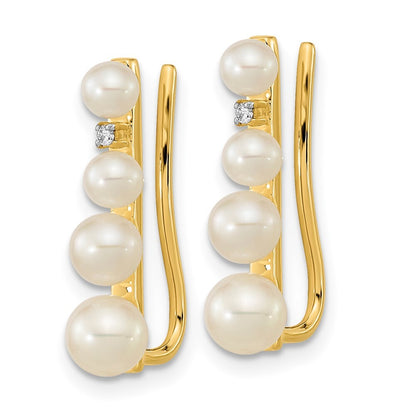 14k Yellow Gold 3-5mm FW Cultured Pearl .016ct Diamond Ear Climber Stud Earrings