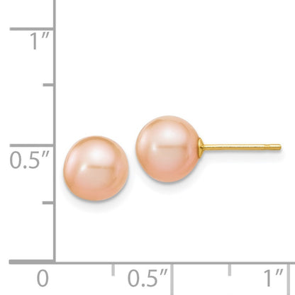 14k Yellow Gold 7-8mm Pink Round Freshwater Cultured Pearl Stud Earrings