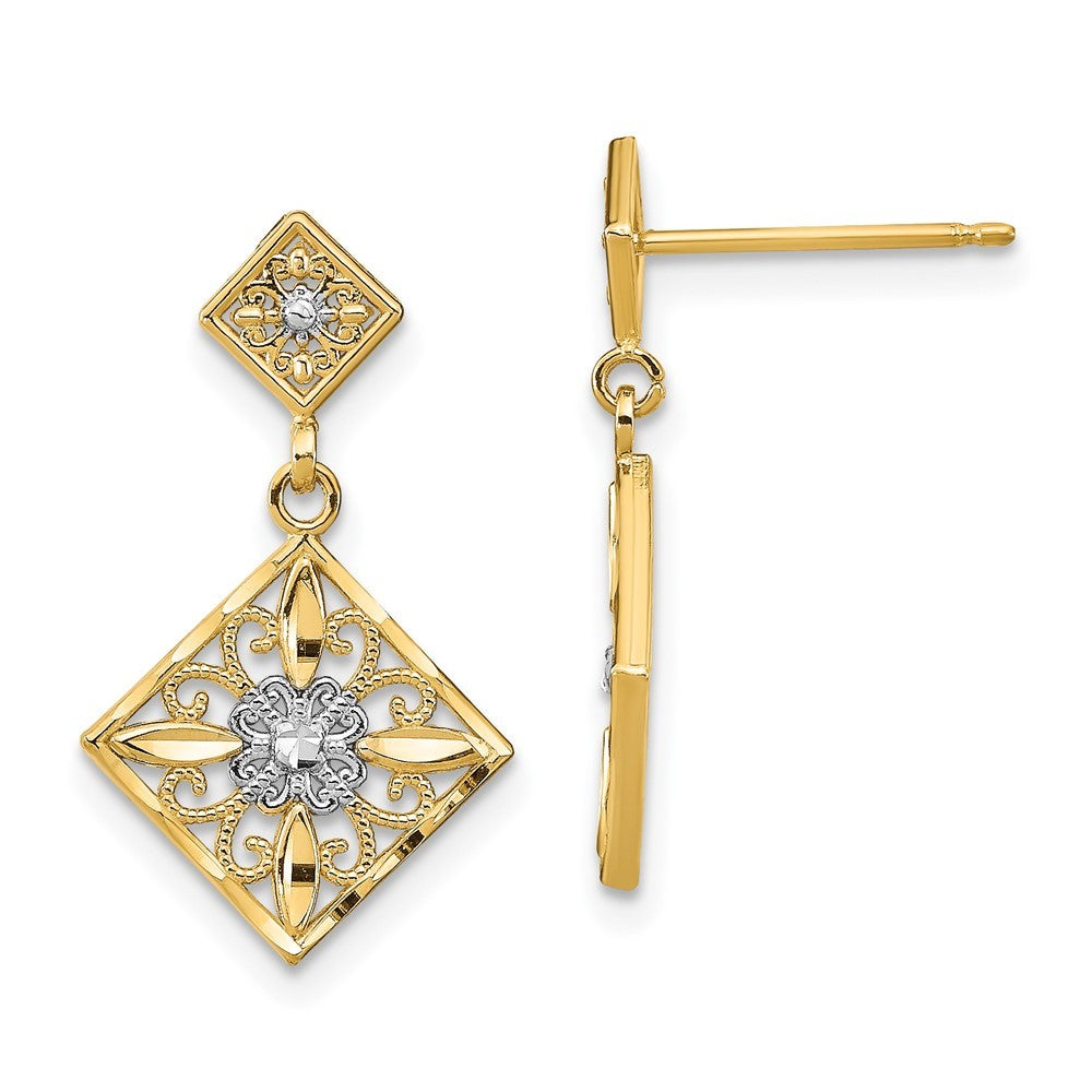 14k Yellow Gold w/Rhodium Diamond-Cut Square Filigree Dangle Earrings