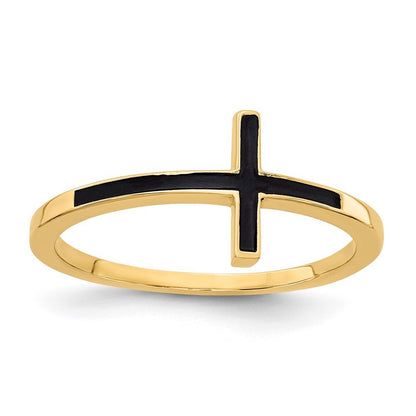 14K Yellow Gold Antiqued Sideways Cross Ring