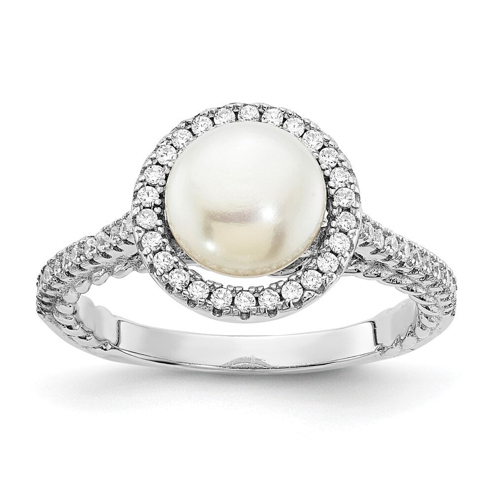 Sterling Silver 7-8mm Button White Freshwater Cultured Pearl and CZ Ring Size 7