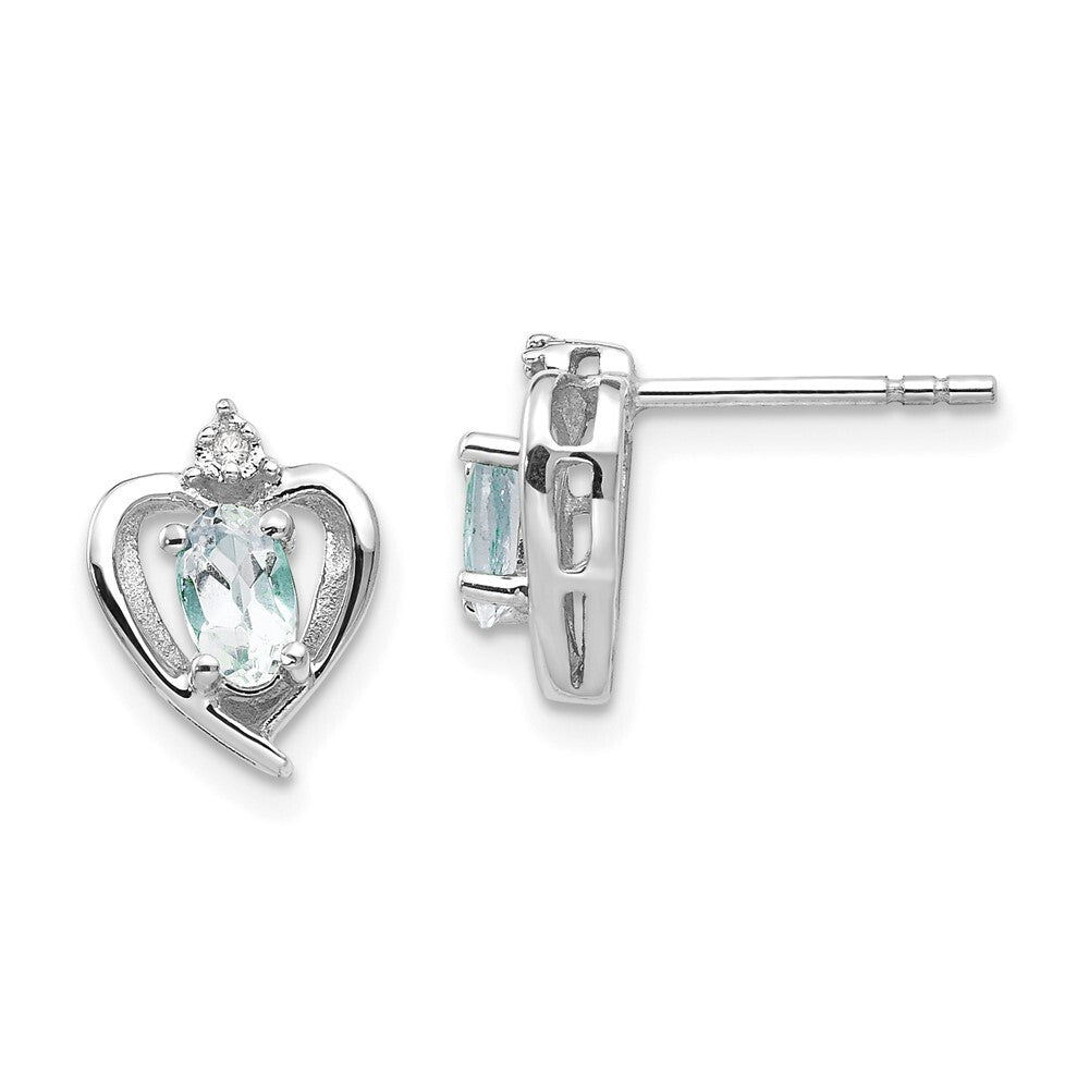 14k White Gold Aquamarine and Diamond Heart Stud Earrings Gift for Women