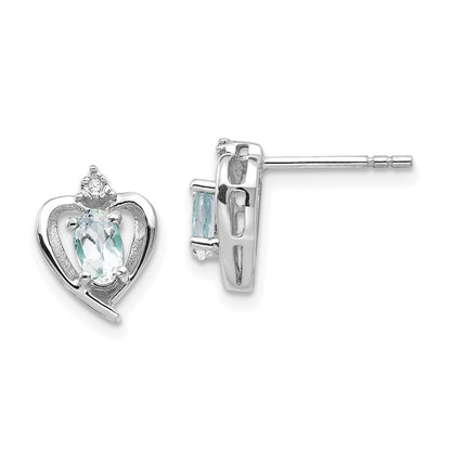 14k White Gold Aquamarine and Diamond Heart Stud Earrings Gift for Women