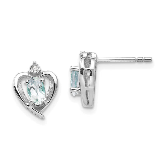 14k White Gold Aquamarine and Diamond Heart Stud Earrings Gift for Women