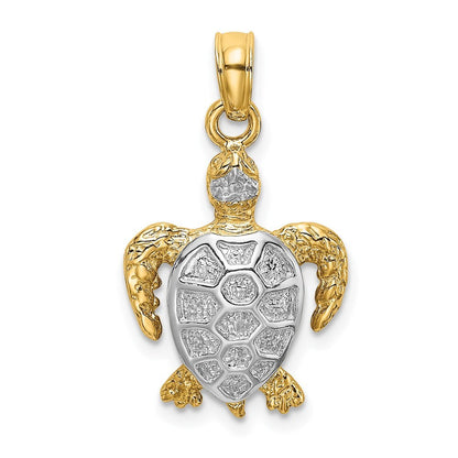 14k Yellow Gold with White Rhodium Swimming Sea Turtle Charm Pendant for Women