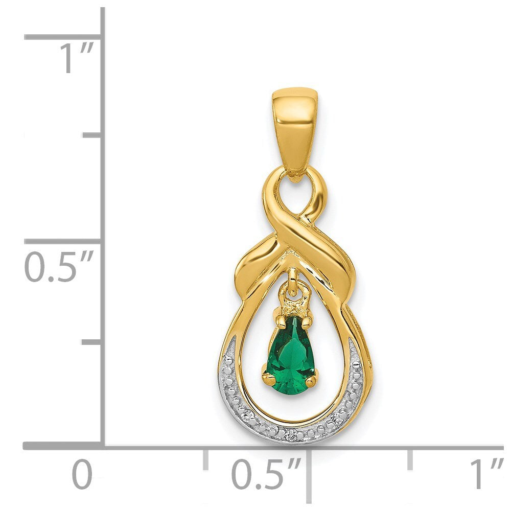 14k Yellow Gold Pear Emerald and Diamond Pendant for Women