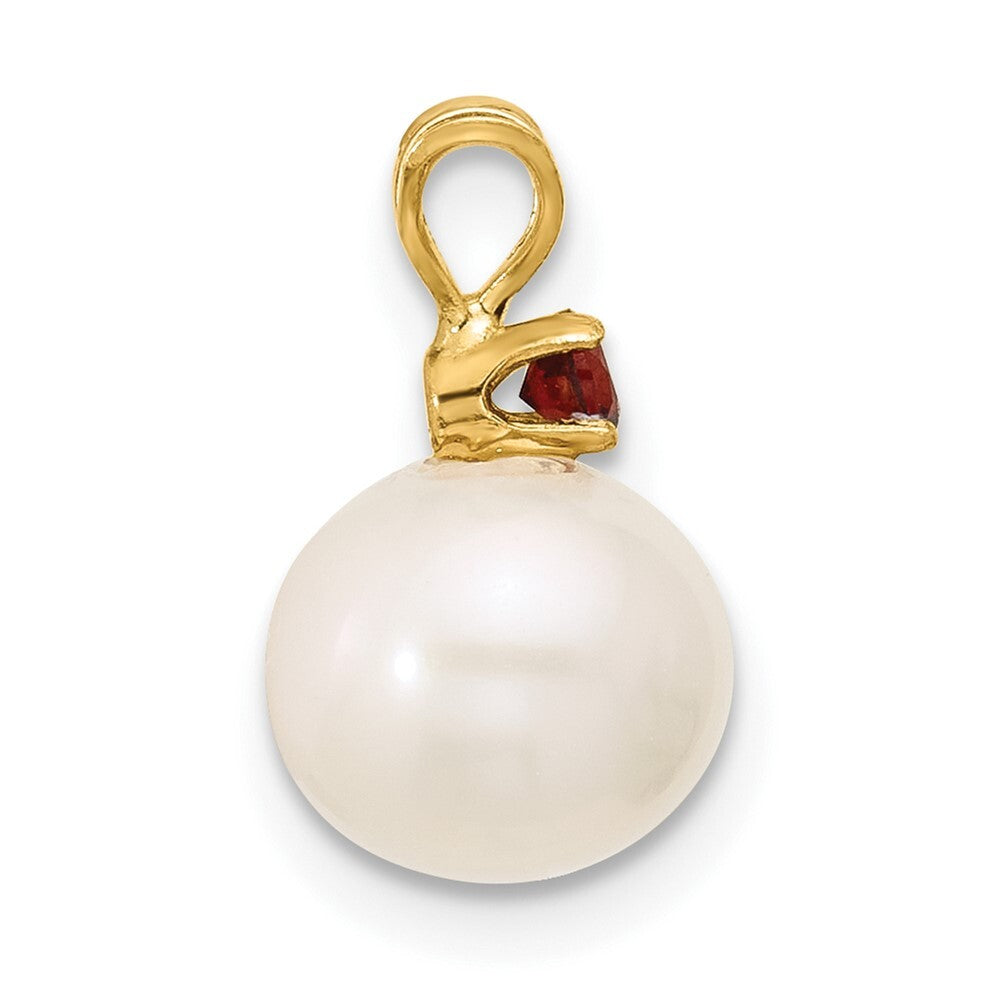 14k Yellow Gold 8-8.5mm White Round Freshwater Cultured Pearl & Garnet Pendant