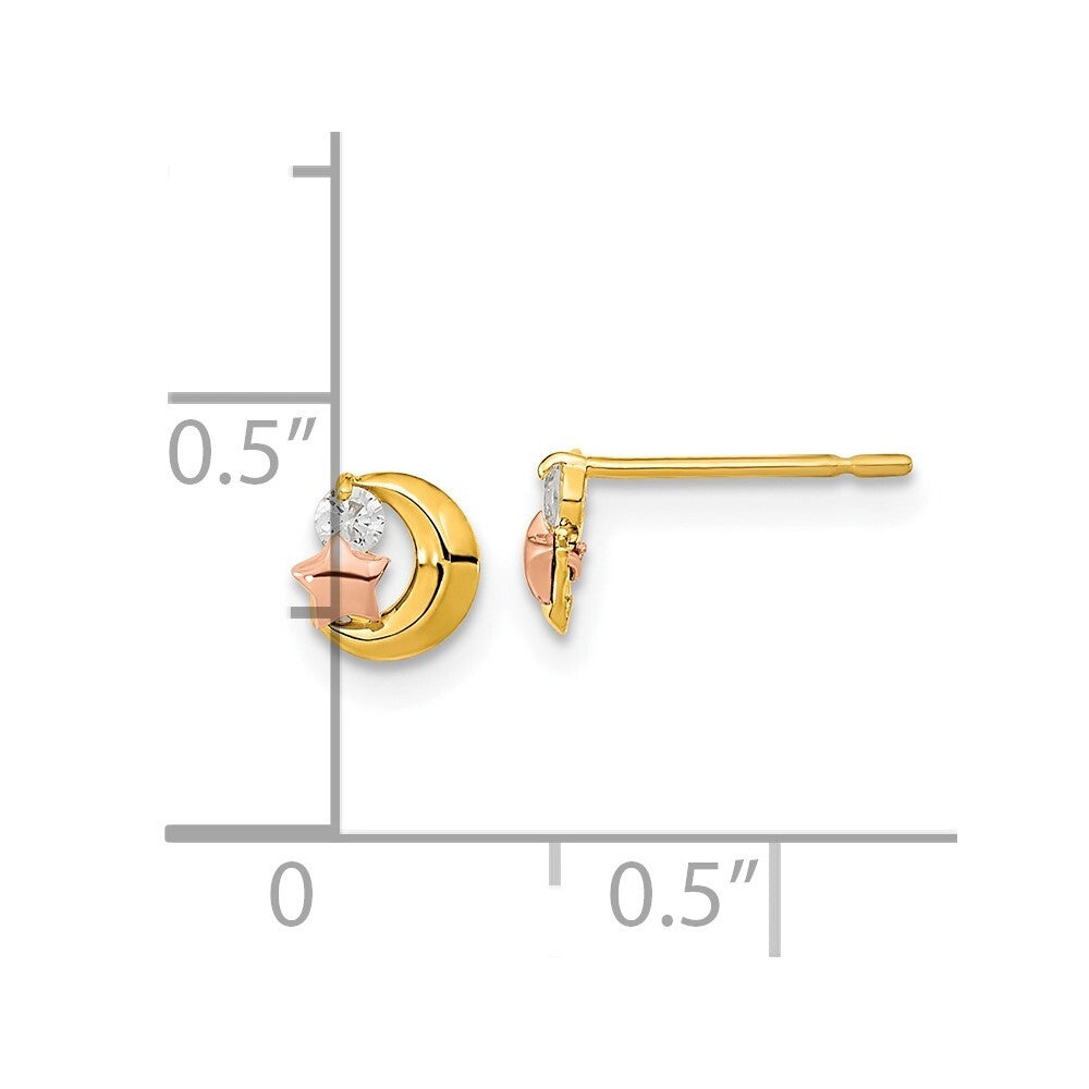 14k Yellow & Rose Gold Cubic Zirconia Moon and Star Stud Earrings