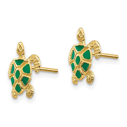 14k Yellow Gold Green Enameled Sea Turtle Earrings